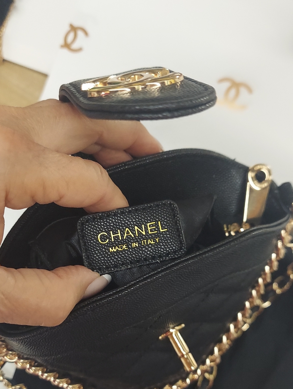 Black Quilted Caviar Leather Branded Crossbody with Gold CC Hardware - Picture 6 of 7